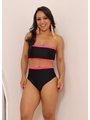 BIQUÍNI TOP FAIXA CALCINHA HOT PANTS PRETO COM ROSA NEON COLEÇÃO ESQUENTA FOLIA - 1