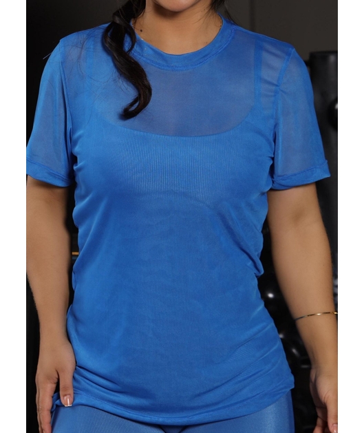CAMISETA FITNESS NO TULE AZUL COLEÇÃO FEBELA MOVE
