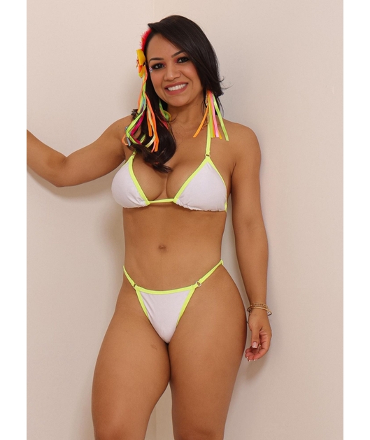 BIQUÍNI CORTININHA CALCINHA COM REGULADOR BRANCO COM VERDE NEON COLEÇÃO ESQUENTA FOLIA