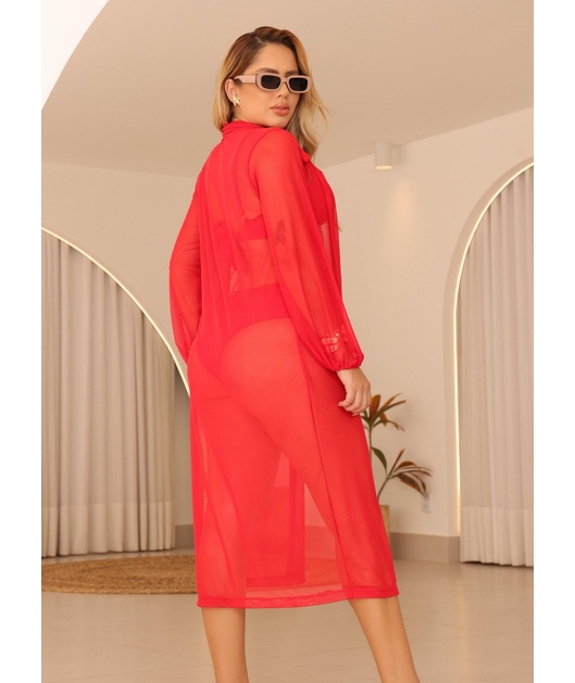 SAÍDA DE PRAIA MAX CAMISA NO TULE VERMELHA COLEÇÃO COR DO PECADO COMB DRICA