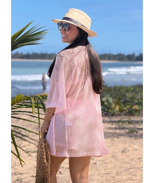 SAÍDA DE PRAIA KIMONO COM SHORT NO TULE EM LISTRA ROSA COLEÇÃO DULCE CARIBE