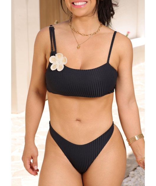 BIQUÍNI TOP FLOR CALCINHA ASA DELTA PRETO COLEÇÃO BEACH GLAM