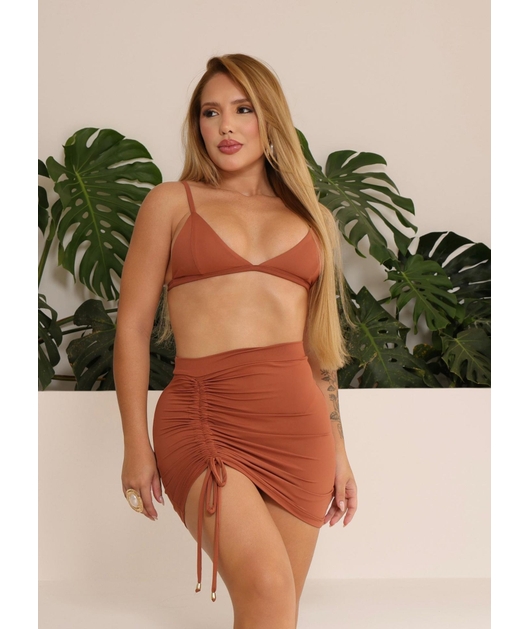 SAÍDA DE PRAIA MINI SAIA GRINGA MARROM COLEÇÃO ALTO VERÃO