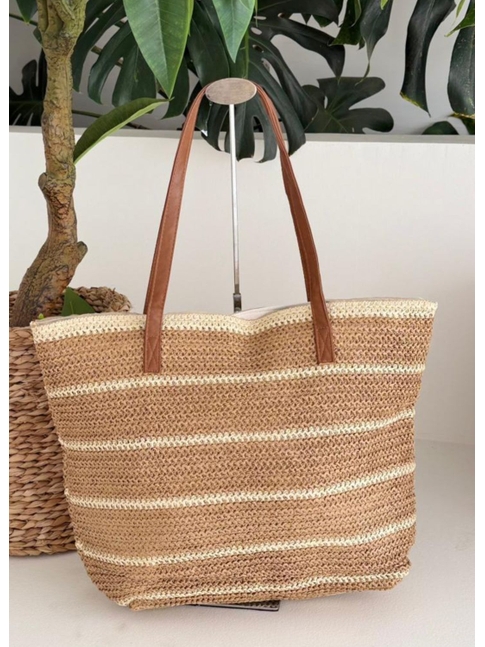 BOLSA DE PALHA GRANDE LISTRADA BEGE