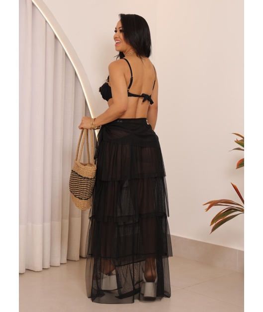 SAÍDA DE PRAIA NO TULE SAIA BABADO CONCHAS PRETA COLEÇÃO FESTEJAR