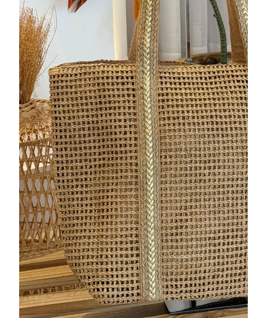BOLSA DE PALHA GRANDE BEGE ALÇAS DETALHE DOURADO
