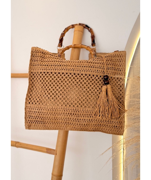 BOLSA DE PALHA GRANDE BEGE ALÇA DE BAMBUM