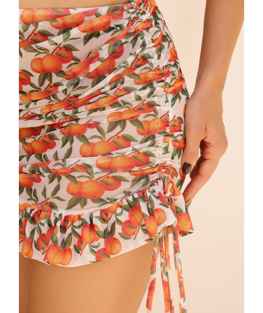 SAÍDA DE PRAIA MINI SAIA NO TULE ESTAMPA TANGERINA COLEÇÃO FRUIT