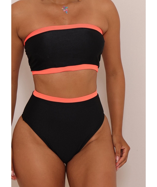 BIQUÍNI TOP FAIXA CALCINHA HOT PANTS PRETO COM LARANJA NEON COLEÇÃO ESQUENTA FOLIA