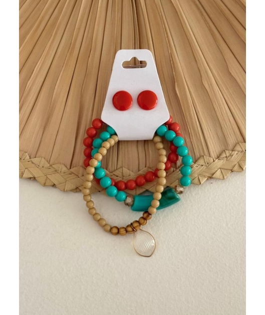 ACESSÓRIO DE PRAIA KIT BRINCO E PULSEIRA LARANJADA COM AZUL