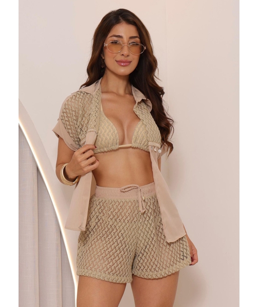 SAÍDA DE PRAIA CONJUNTO CAMISA E SHORT NUDE COLEÇÃO ILHABELA