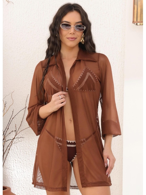 SAÍDA DE PRAIA CAMISA NO TULE MARROM COLEÇÃO PÉ NA AREIA LOOK568
