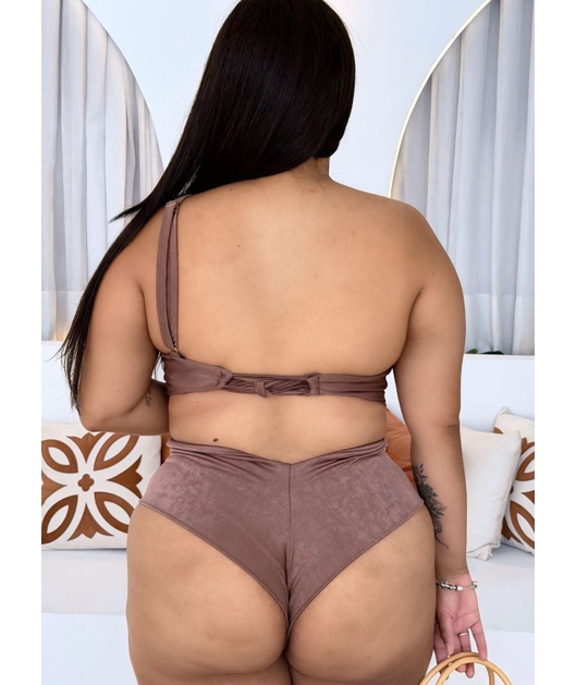 BIQUÍNI TOP NULA MANGA CALCINHA ALTA MARROM