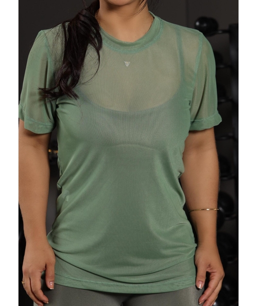 CAMISETA FITNESS NO TULE VERDE COLEÇÃO FEBELA MOVE