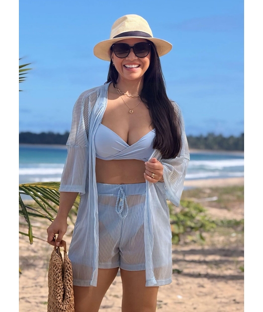 SAÍDA DE PRAIA KIMONO COM SHORT NO TULE EM LISTRA AZUL COLEÇÃO DULCE CARIBE