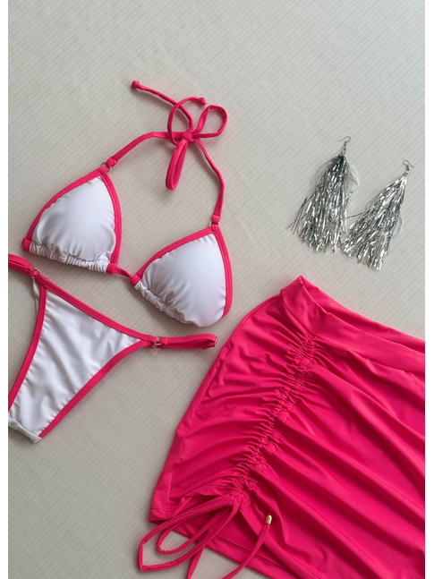 COMBO DE CARNAVAL BIQUÍNI CORTININHA BRANCO E MINI SAIA ROSA NEON COLEÇÃO ESQUENTA FOLIA