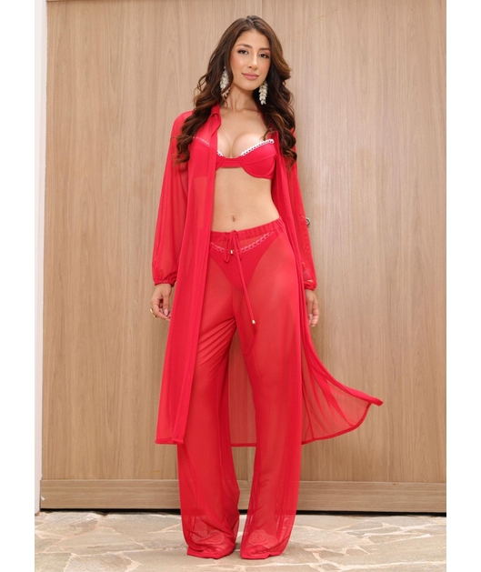 SAÍDA DE PRAIA MAX CAMISA COM CALÇA NO TULE VERMELHO COLEÇÃO OUSADIA