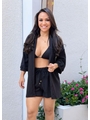 SAÍDA DE PRAIA KIMONO CAMISA COM SHORT NO CHIFFON PRETO - 1