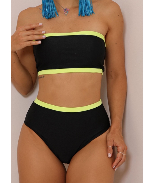 BIQUÍNI TOP FAIXA CALCINHA HOT PANTS PRETO COM VERDE NEON COLEÇÃO ESQUENTA FOLIA
