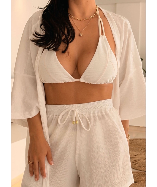 SAÍDA DE PRAIA CONJUNTO KIMONO COM SHORT NO CHIFFON OFF WHITE TGS852