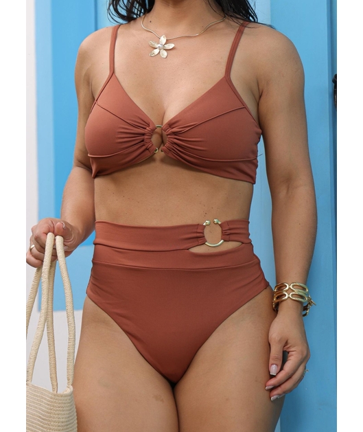 BIQUÍNI TOP ARGOLA CALCINHA ALTA MARROM COLEÇÃO IBIZA