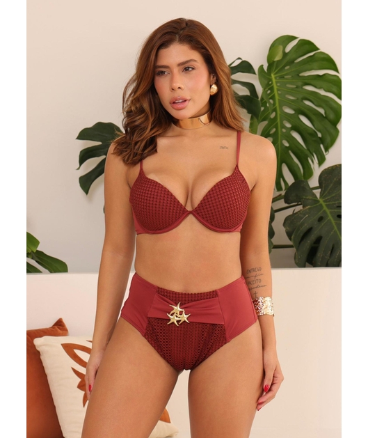 BIQUÍNI MEIA TAÇA CALCINHA ALTA BORDÔ COLEÇÃO CLAREIA