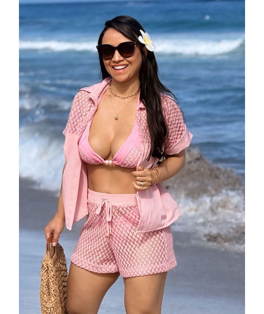 SAÍDA DE PRAIA CONJUNTO CAMISA E SHORT ROSA COLEÇÃO BRISA II