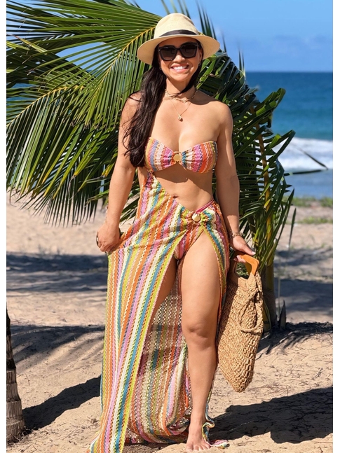 CONJUNTO BIQUÍNI TOP ARGOLA CALCINHA ASA DELTA COM SAIA LONGA ROSA COLEÇÃO CARIBENHA II