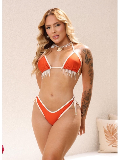 BIQUÍNI CORTININHA PÉROLAS CALCINHA DE AMARRAR TERRACOTA COLEÇÃO FUNDO DO MAR 1512