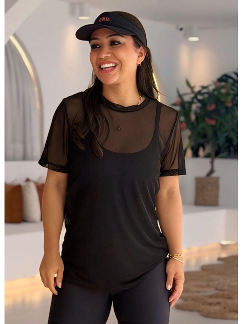 CAMISETA FITNESS NO TULE PRETA COLEÇÃO FEBELA MOVE
