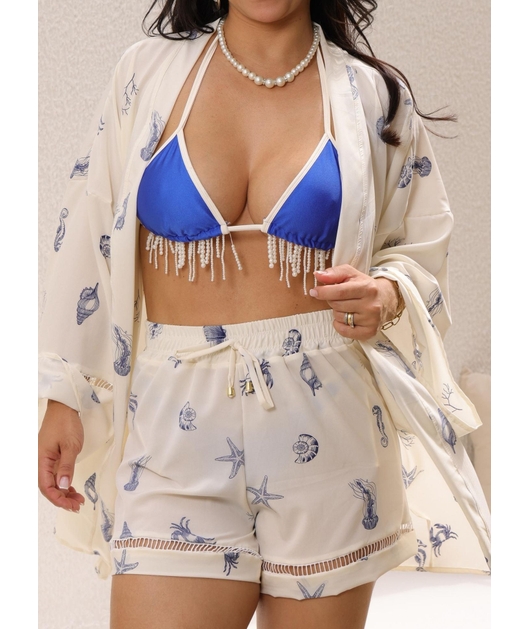 SAÍDA DE PRAIA KIMONO COM SHORT OFF WHITE COLEÇÃO FUNDO DO MAR