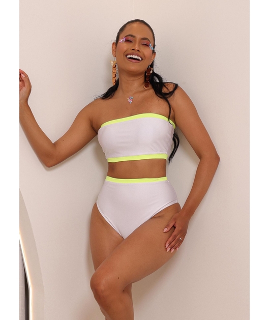 BIQUÍNI TOP FAIXA CALCINHA HOT PANTS BRANCO COM VERDE NEON COLEÇÃO ESQUENTA FOLIA