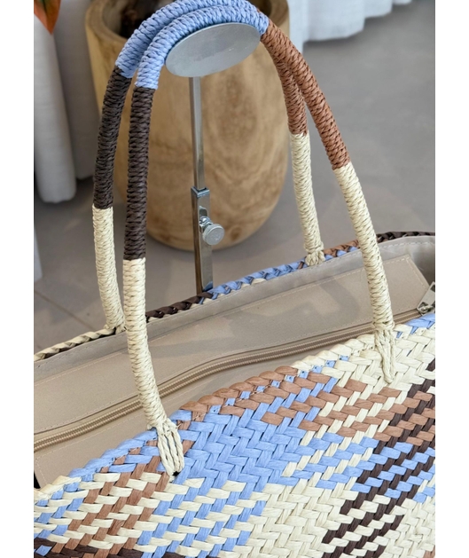 BOLSA ESTRUTURA EM PALHA COLORIDA AZUL E BEGE