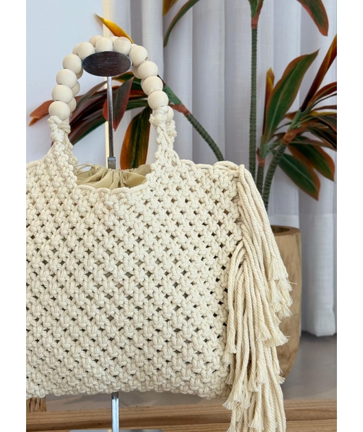 BOLSA OFF WHITE COM FRANJAS E ALÇAS DE BOLINHAS