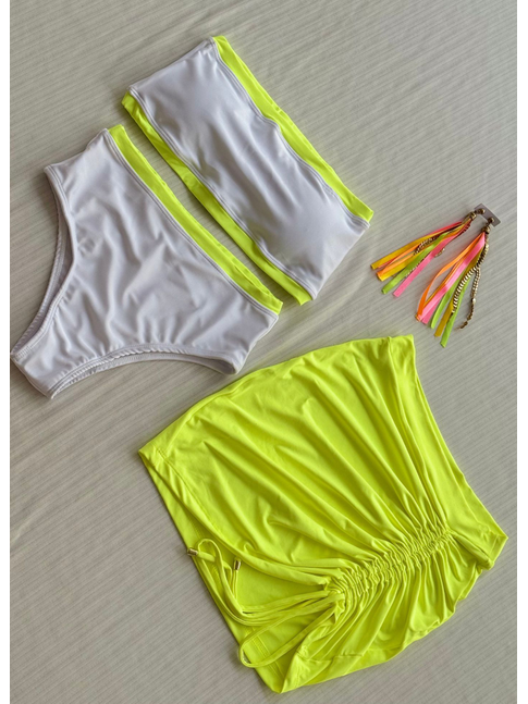 COMBO DE CARNAVAL BIQUÍNI TOP BRANCO E MINI SAIA VERDE NEON COLEÇÃO ESQUENTA FOLIA