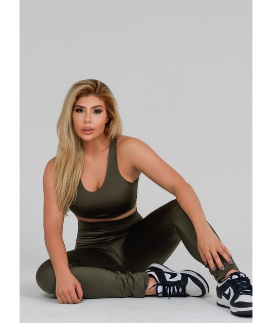 CONJUNTO FIT TRILOBAL TOP BASIC CALÇA COS ALTO FAIXA VERDE MILITAR