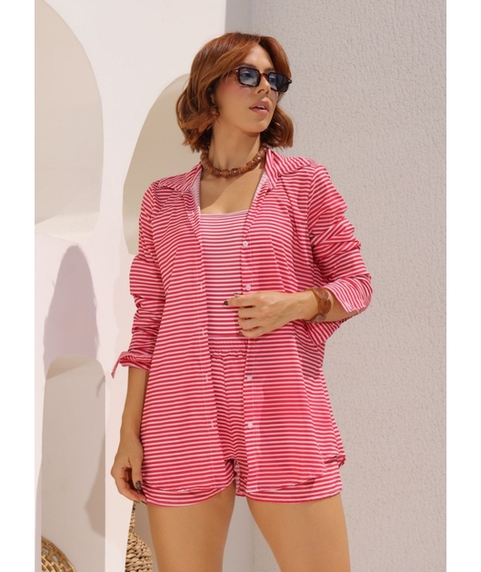 SAÍDA DE PRAIA CAMISA COM SHORT LISTRA VERMELHA COLECÃO VERÃO EUROPEU