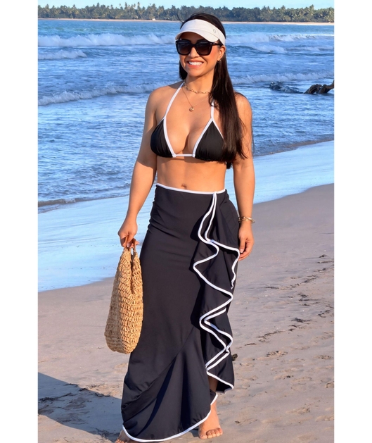 SAÍDA DE PRAIA SAIA BABADO PRETA COLEÇÃO CARIBENHA ISIHELEN