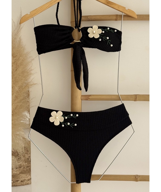 BIQUÍNI TOP ARGOLA CALCINHA TALA PRETO COLEÇÃO ESSENCIA BORDADAS