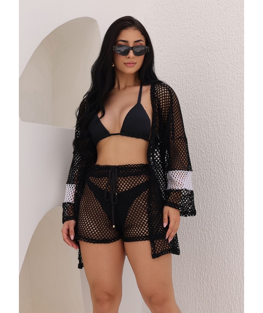 SAÍDA DE PRAIA CONJUNTO KIMONO NO ARRASTÃO PRETO M216