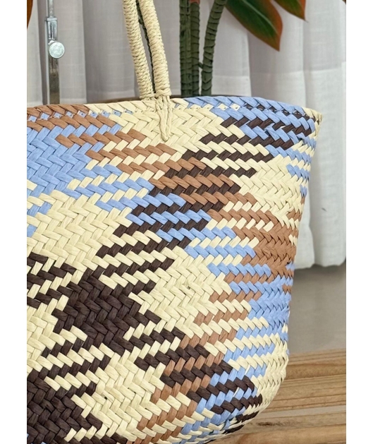 BOLSA ESTRUTURA EM PALHA COLORIDA AZUL E BEGE
