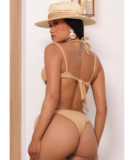 BIQUÍNI ARO INTEIRO TRIÂNGULO CALCINHA DE AMARRAR COR AREIA COLEÇÃO BEACH CHIC VAN13