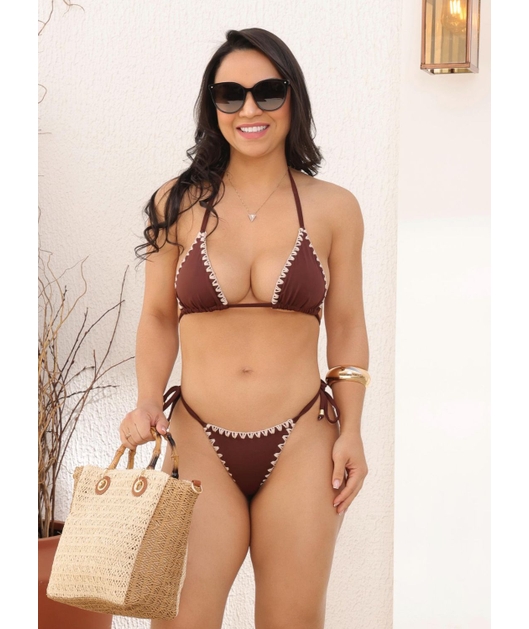 BIQUÍNI CORTININHA CROCHÊ CALCINHA DE AMARRAR MARROM CRFE