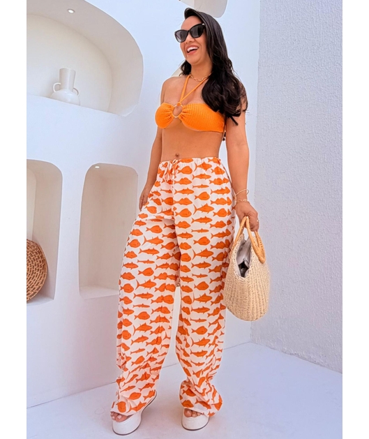 SAÍDA DE PRAIA CALÇA ESTAMPA MARÉ DE PEIXES LARANJADA COLEÇÃO SARDENHA