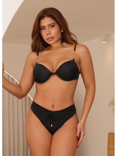 BIQUÍNI MEIA TAÇA CORRENTE CALCINHA ASA DELTA PRETO COLEÇÃO SOLARE