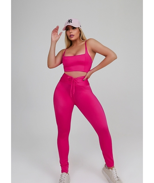 CONJUNTO FIT TRILOBAL TOP ALCA CALÇA COS ALTO PLISSADO ROSA