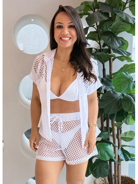 SAÍDA DE PRAIA CONJUNTO CAMISA COM SHORT NO ARRASTÃO BRANCO M216