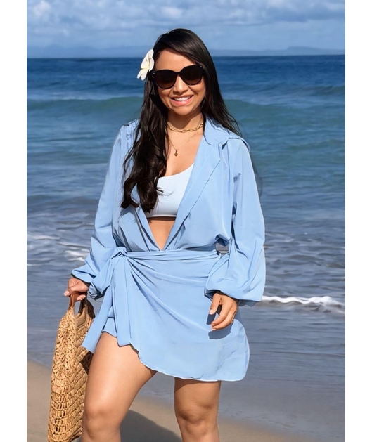 SAÍDA DE PRAIA CAMISA COM PÁREO NA SEDINHA AZUL COLEÇÃO BRISA II