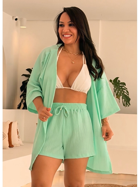 SAÍDA DE PRAIA CONJUNTO KIMONO COM SHORT NO CHIFFON VERDE CLARO TGR5895