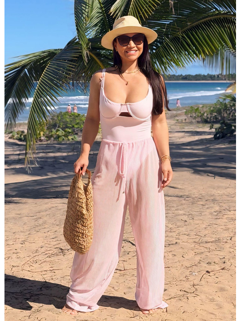 SAÍDA DE PRAIA CALÇA TULE EM LISTRA ROSA COLEÇÃO DULCE CARIBE